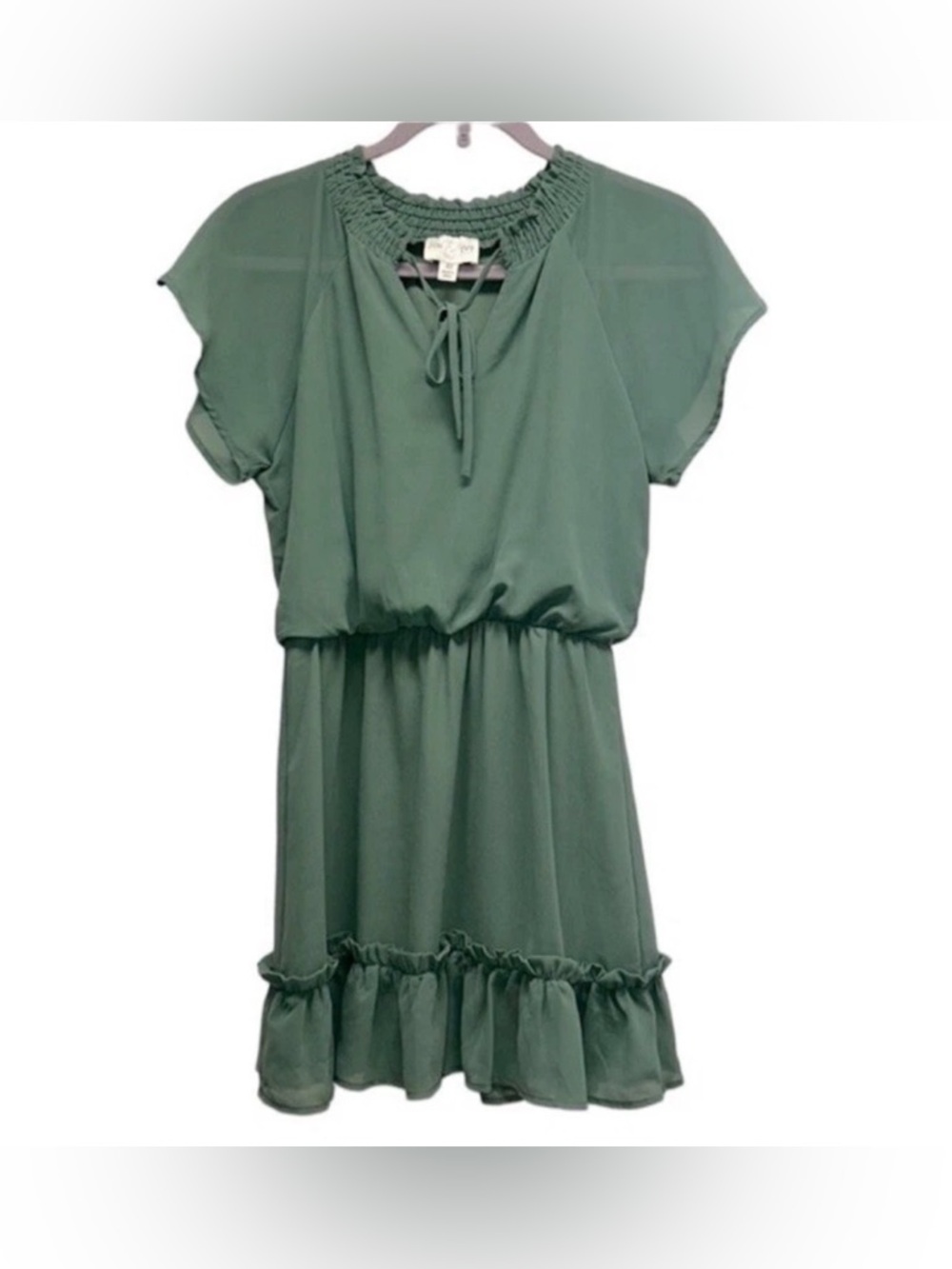 Sage Green Smocked-Neck Mini Dress with Ruffle Hem